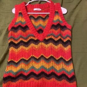 Knit Chevron V-Neck Sweater Vest - Red Multi
